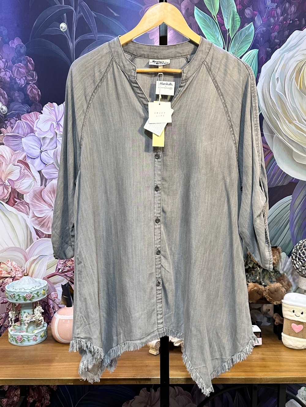 Hester & Orchard L Fringe Hem NWT Button Front Tunic Boho Western Statement